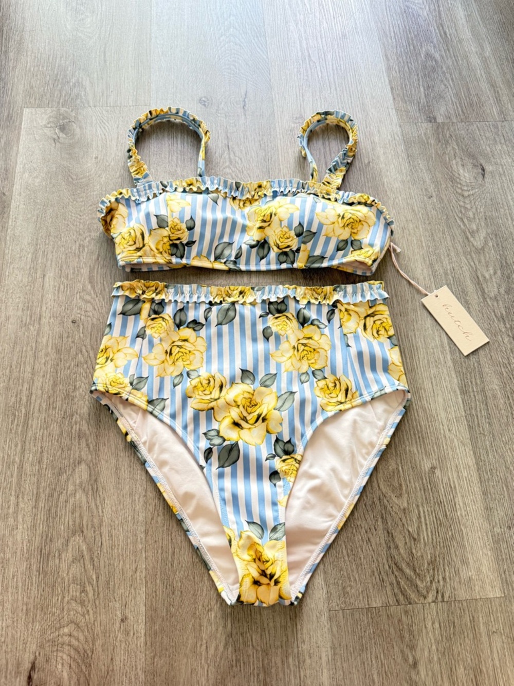 hutch siggi blue & yellow floral stripe high waist bikini swimwear set small NEW